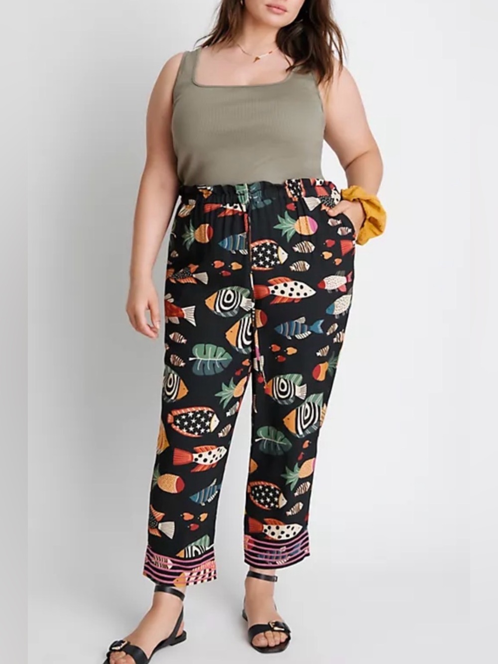Farm Rio  Anthropologie Black Multicolor Fish-Print Relaxed jogger Pants